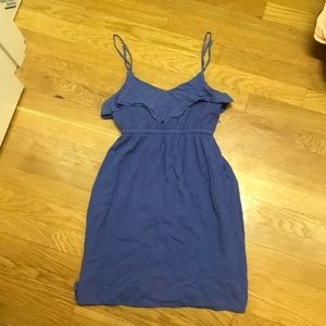 Blue cotton dress with ruffle on neckline